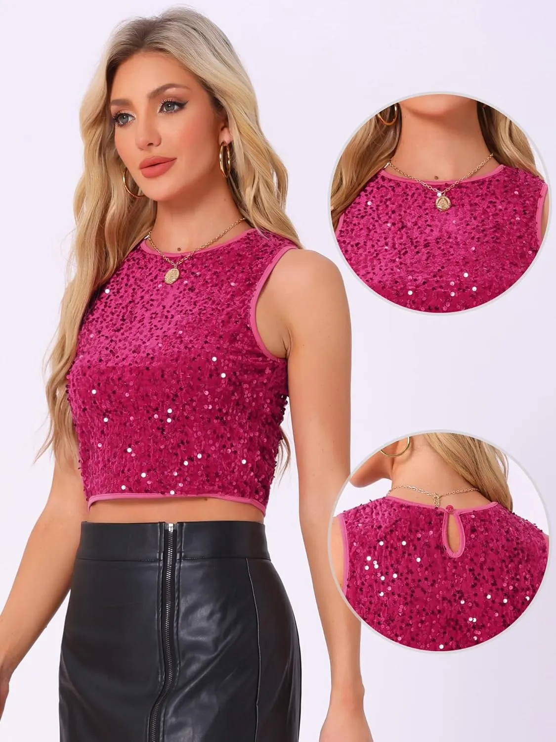 Allegra K Sequin Tops for Women's Sparkle Glitter Sleeveless Club Party Nightout Crop Tank Top