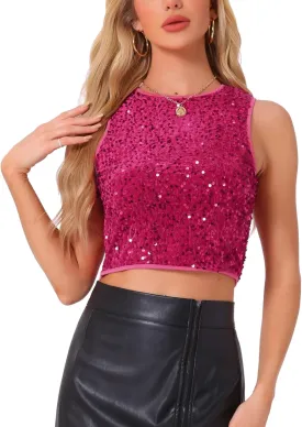Allegra K Sequin Tops for Women's Sparkle Glitter Sleeveless Club Party Nightout Crop Tank Top