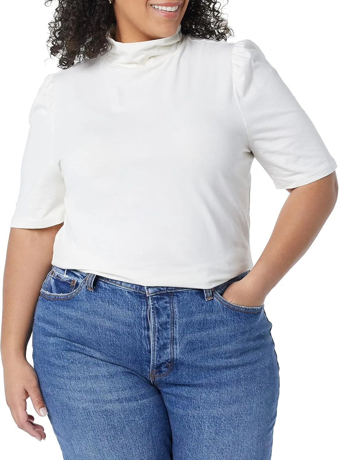 Amazon Essentials Women's Cotton Modal Draped Puff Sleeve Turtleneck