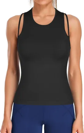 ATTRACO Cropped Workout Tops for Women Tight Side Ruched Tank Tops Built in Bra Athletic Yoga Gym Top