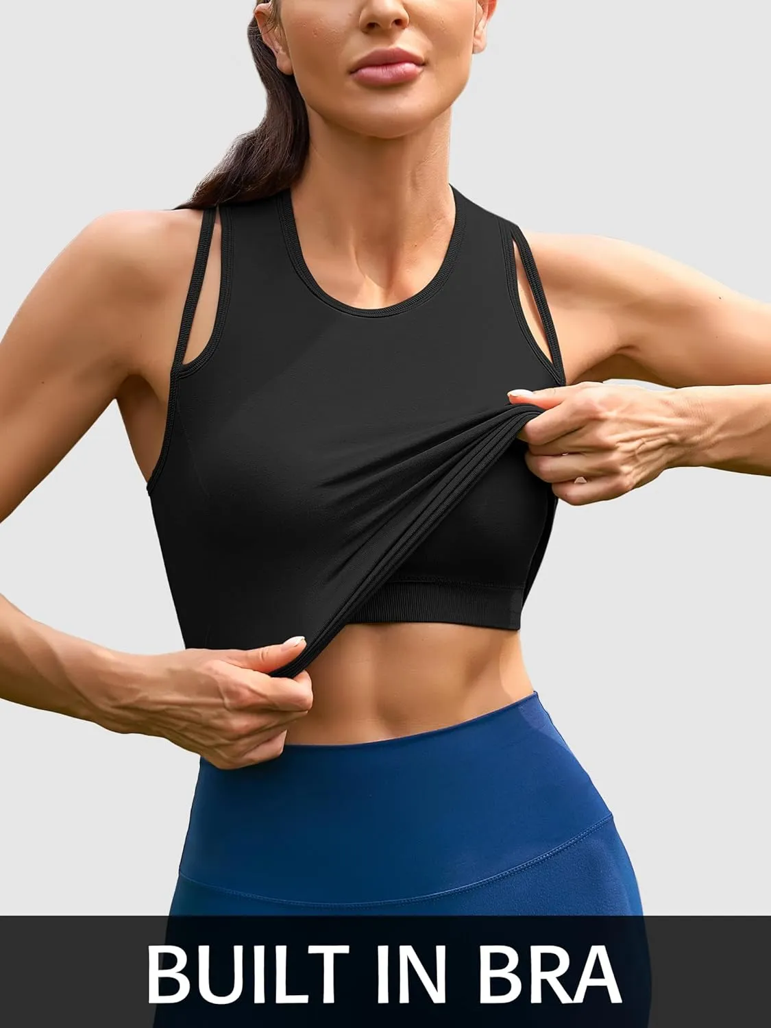 ATTRACO Cropped Workout Tops for Women Tight Side Ruched Tank Tops Built in Bra Athletic Yoga Gym Top