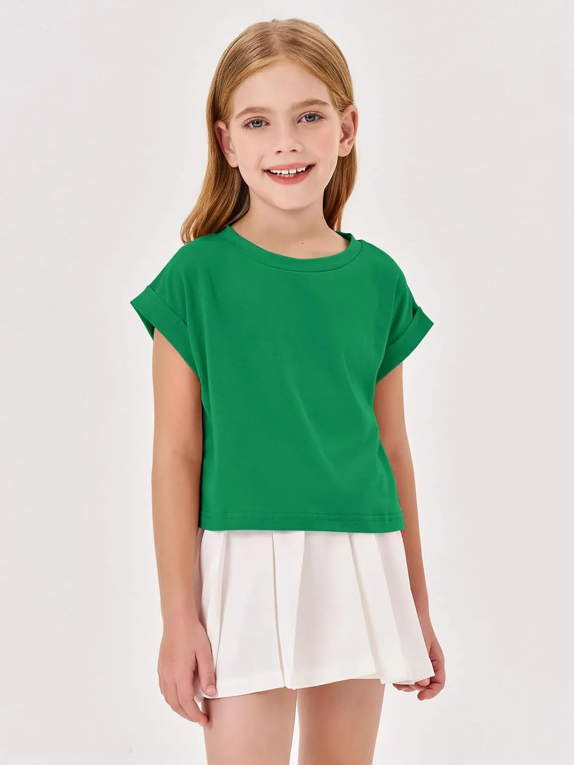 Haloumoning Girls Short Sleeve T-Shirts Crop Top Rolled Sleeve Round Neck Solid Loose Basic Tees for Summer
