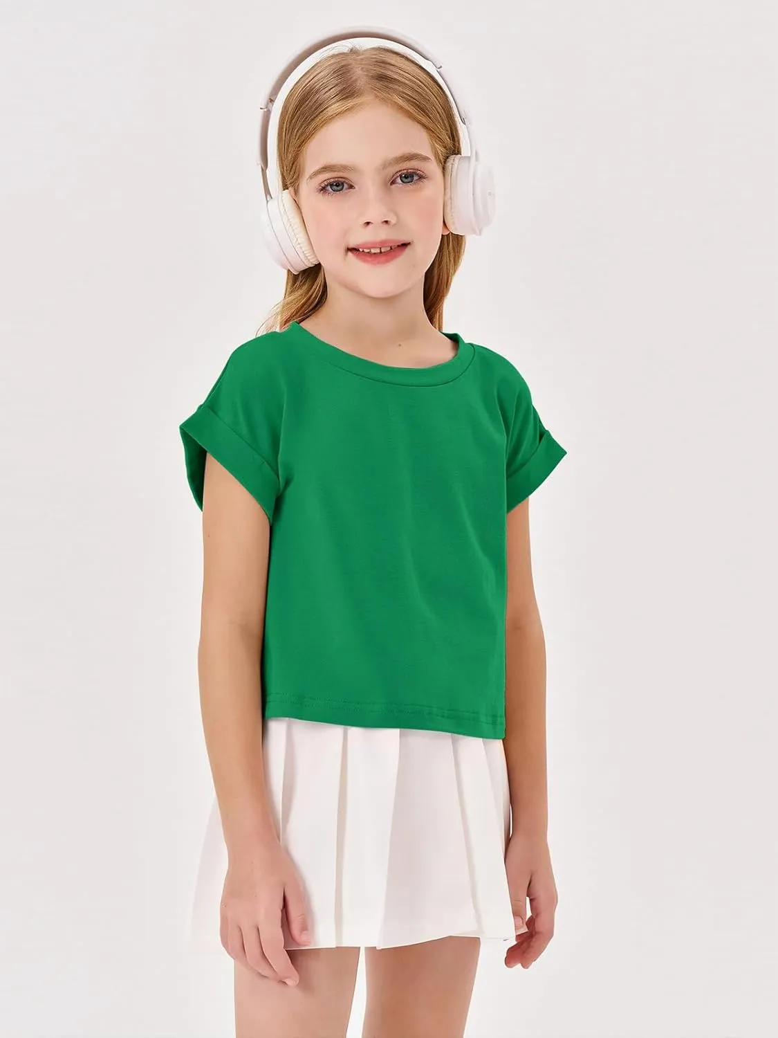 Haloumoning Girls Short Sleeve T-Shirts Crop Top Rolled Sleeve Round Neck Solid Loose Basic Tees for Summer