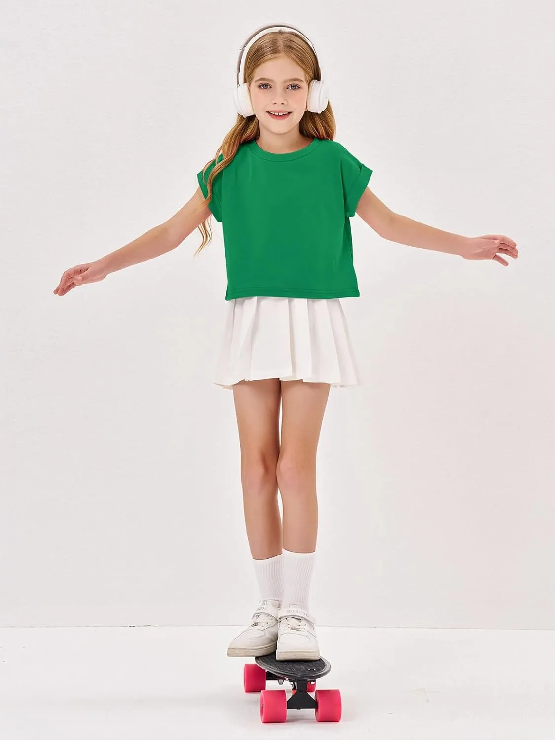 Haloumoning Girls Short Sleeve T-Shirts Crop Top Rolled Sleeve Round Neck Solid Loose Basic Tees for Summer