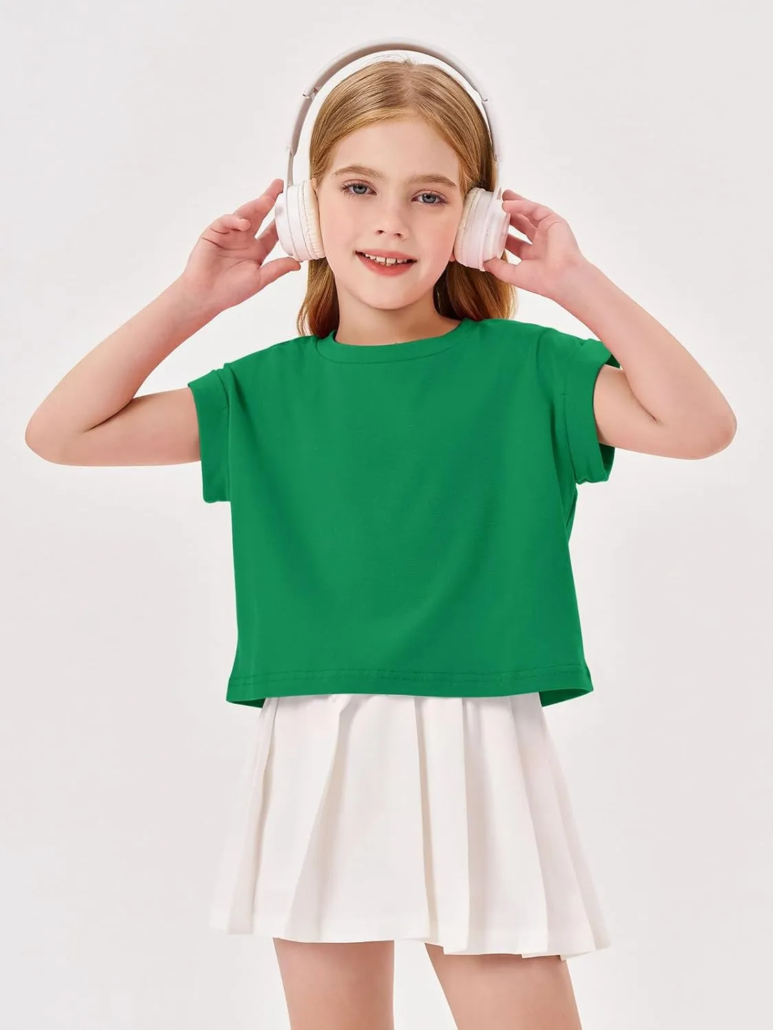 Haloumoning Girls Short Sleeve T-Shirts Crop Top Rolled Sleeve Round Neck Solid Loose Basic Tees for Summer