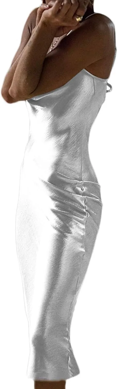 HAVUITYY Summer Satin Spaghetti Strap Backless Maxi Dresses for Women 2025 Elegant Tie Low Back Ruched Sexy Cocktail Dress