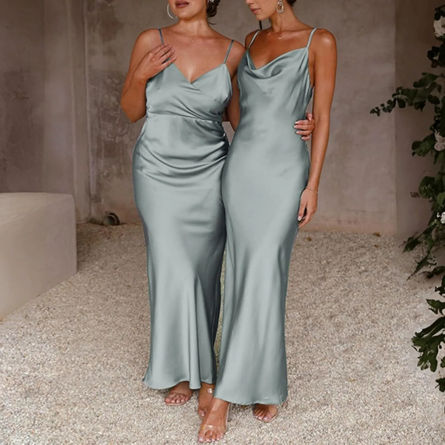 HAVUITYY Summer Satin Spaghetti Strap Backless Maxi Dresses for Women 2025 Elegant Tie Low Back Ruched Sexy Cocktail Dress