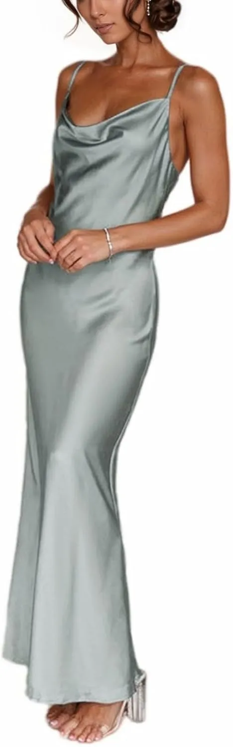 HAVUITYY Summer Satin Spaghetti Strap Backless Maxi Dresses for Women 2025 Elegant Tie Low Back Ruched Sexy Cocktail Dress
