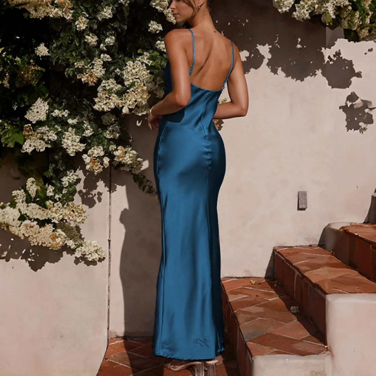 HAVUITYY Summer Satin Spaghetti Strap Backless Maxi Dresses for Women 2025 Elegant Tie Low Back Ruched Sexy Cocktail Dress