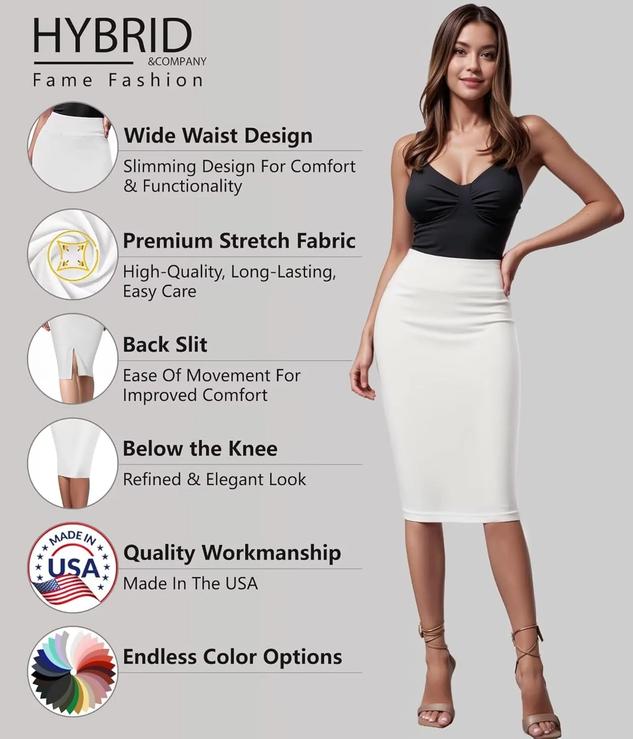 Hybrid & Company Women's Premium Nylon Ponte Stretch High Waist Pencil Suit Skirt Below Knee
