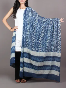 Indigo White Laharia Cotton Mul Hand Block Printed Dupatta - D0417068
