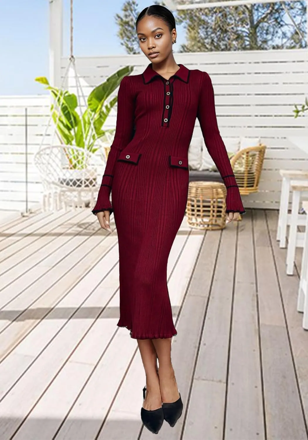 LAJIOJIO Sexy Long Sleeve Knit Sweater Dress, Winter Button V Neck Pleated Long Dresses for Women 2025