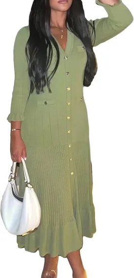 LAJIOJIO Sexy Long Sleeve Knit Sweater Dress, Winter Button V Neck Pleated Long Dresses for Women 2025