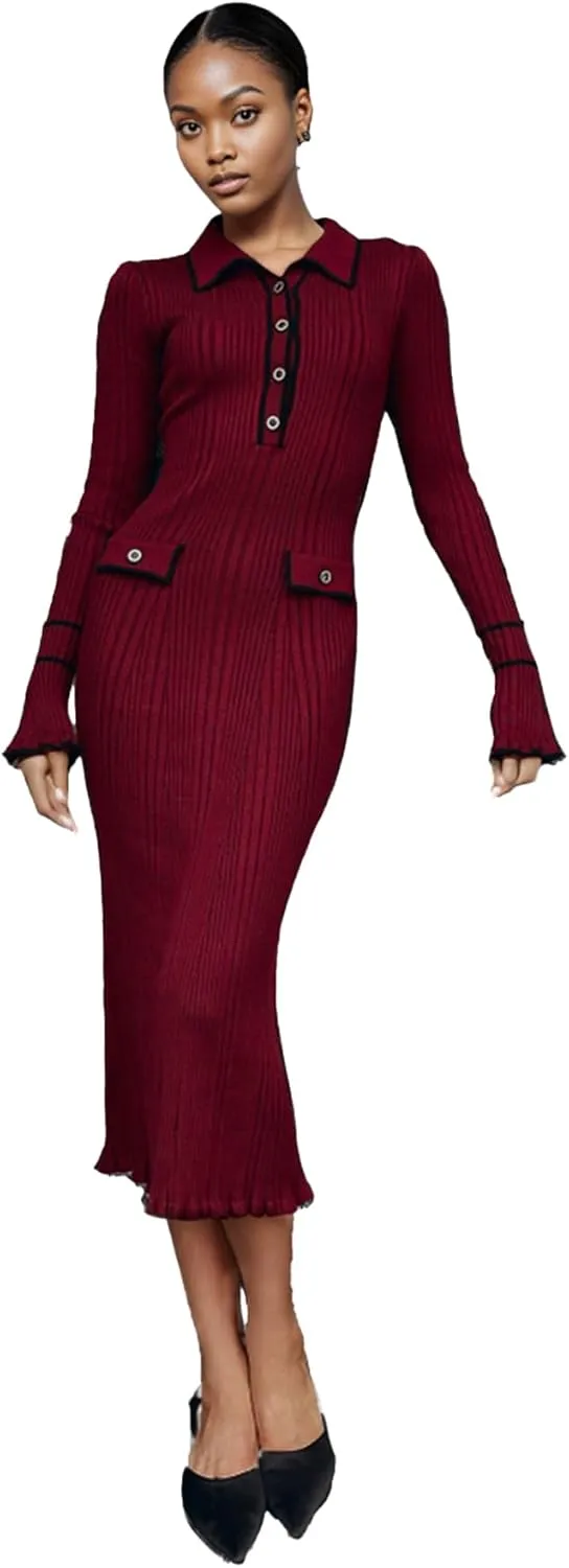 LAJIOJIO Sexy Long Sleeve Knit Sweater Dress, Winter Button V Neck Pleated Long Dresses for Women 2025