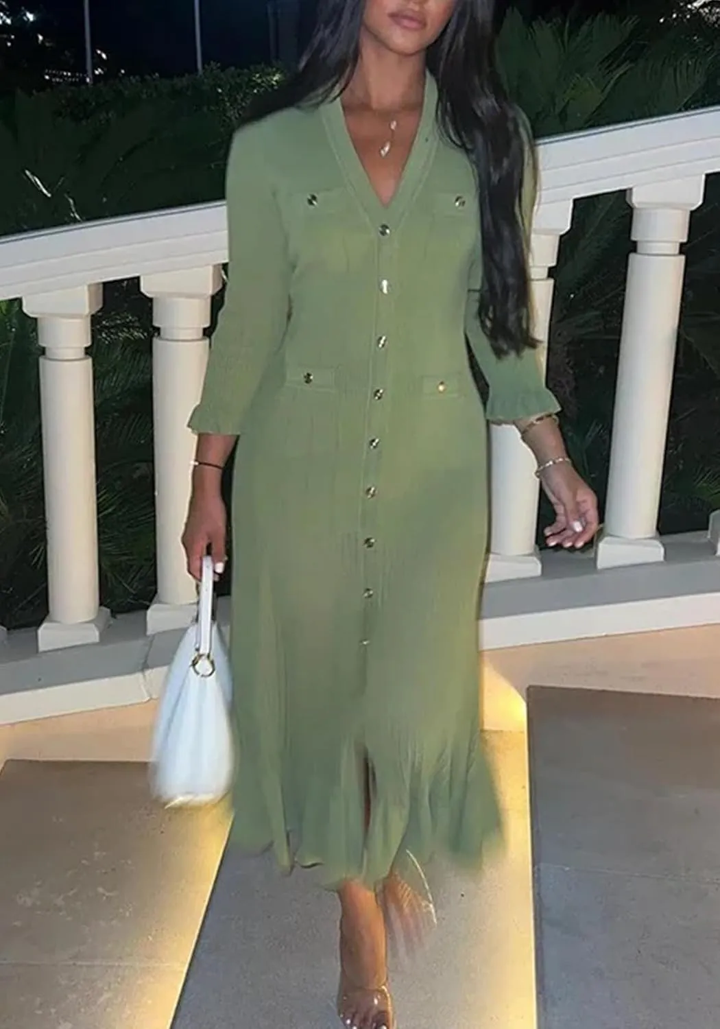 LAJIOJIO Sexy Long Sleeve Knit Sweater Dress, Winter Button V Neck Pleated Long Dresses for Women 2025