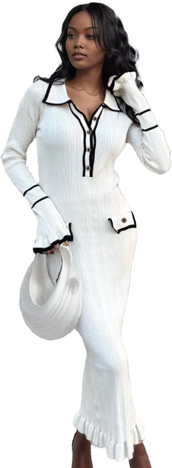 LAJIOJIO Sexy Long Sleeve Knit Sweater Dress, Winter Button V Neck Pleated Long Dresses for Women 2025