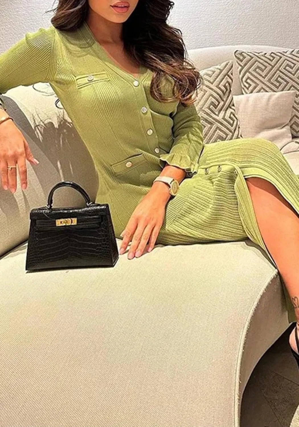 LAJIOJIO Sexy Long Sleeve Knit Sweater Dress, Winter Button V Neck Pleated Long Dresses for Women 2025
