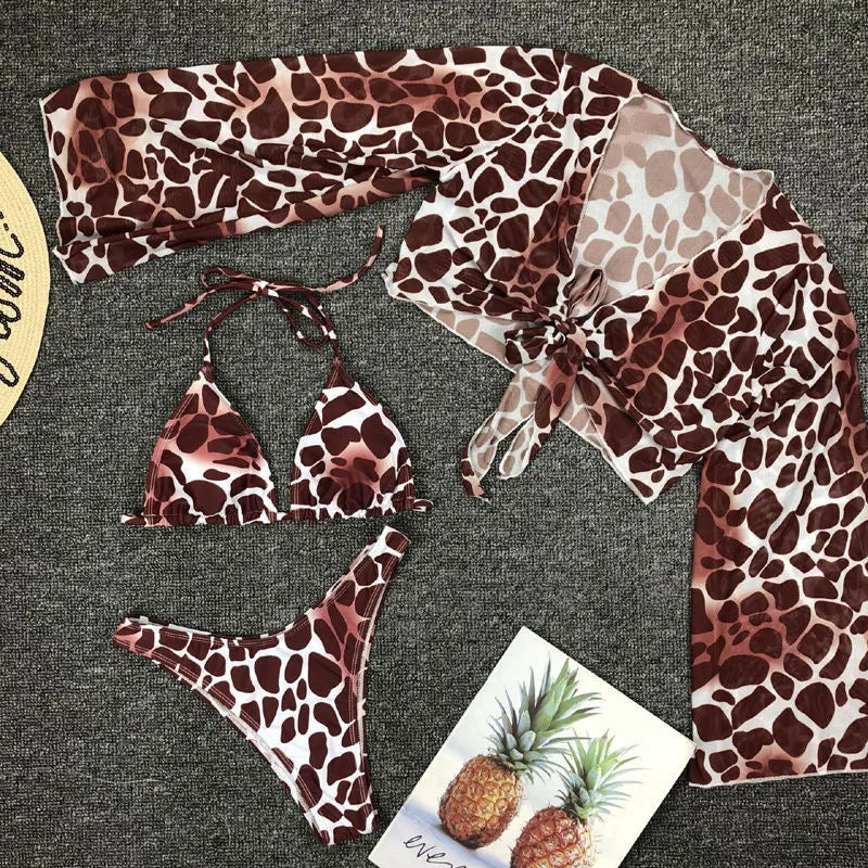 Leopard Print Long Sleeve Push Up Padded Swimsuit