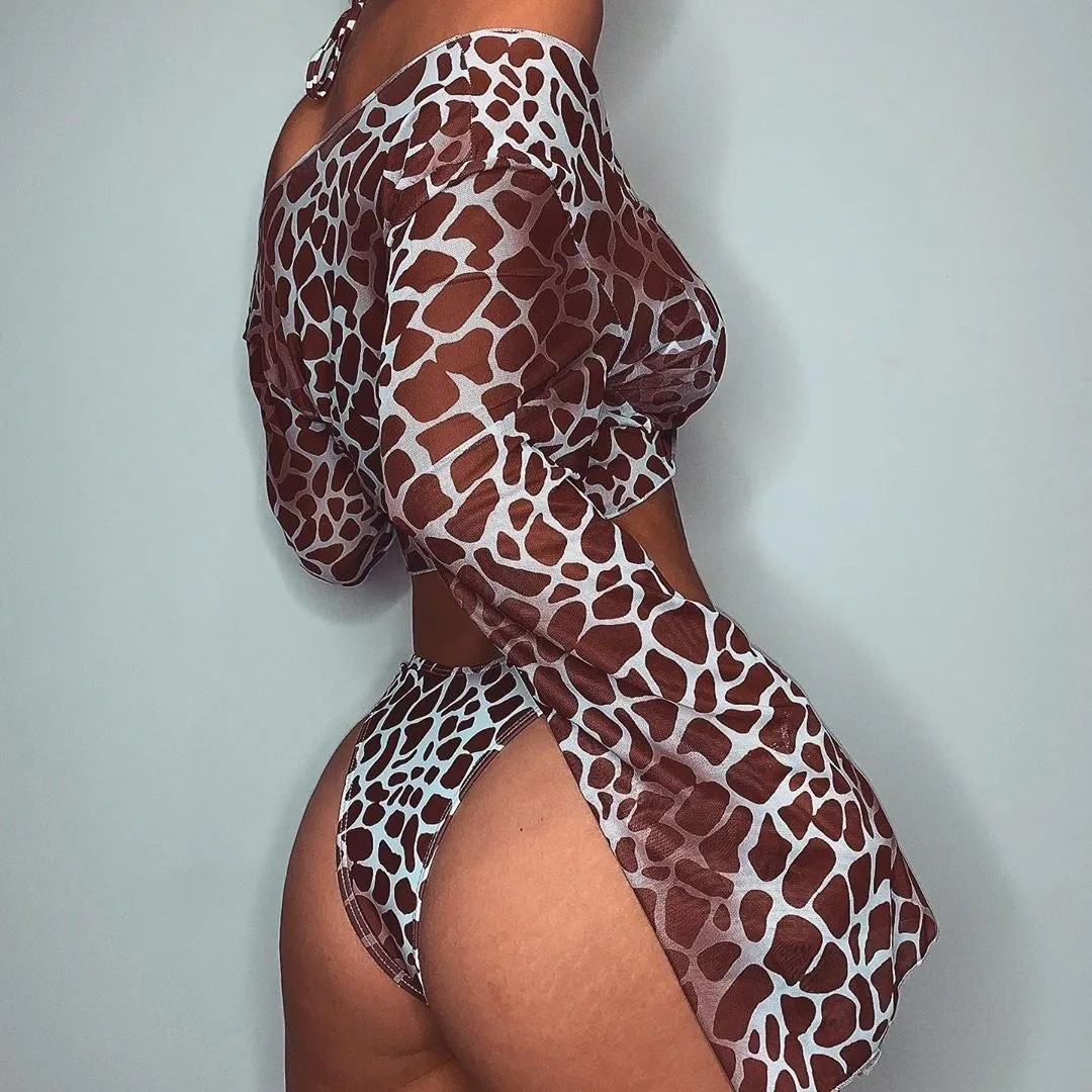 Leopard Print Long Sleeve Push Up Padded Swimsuit