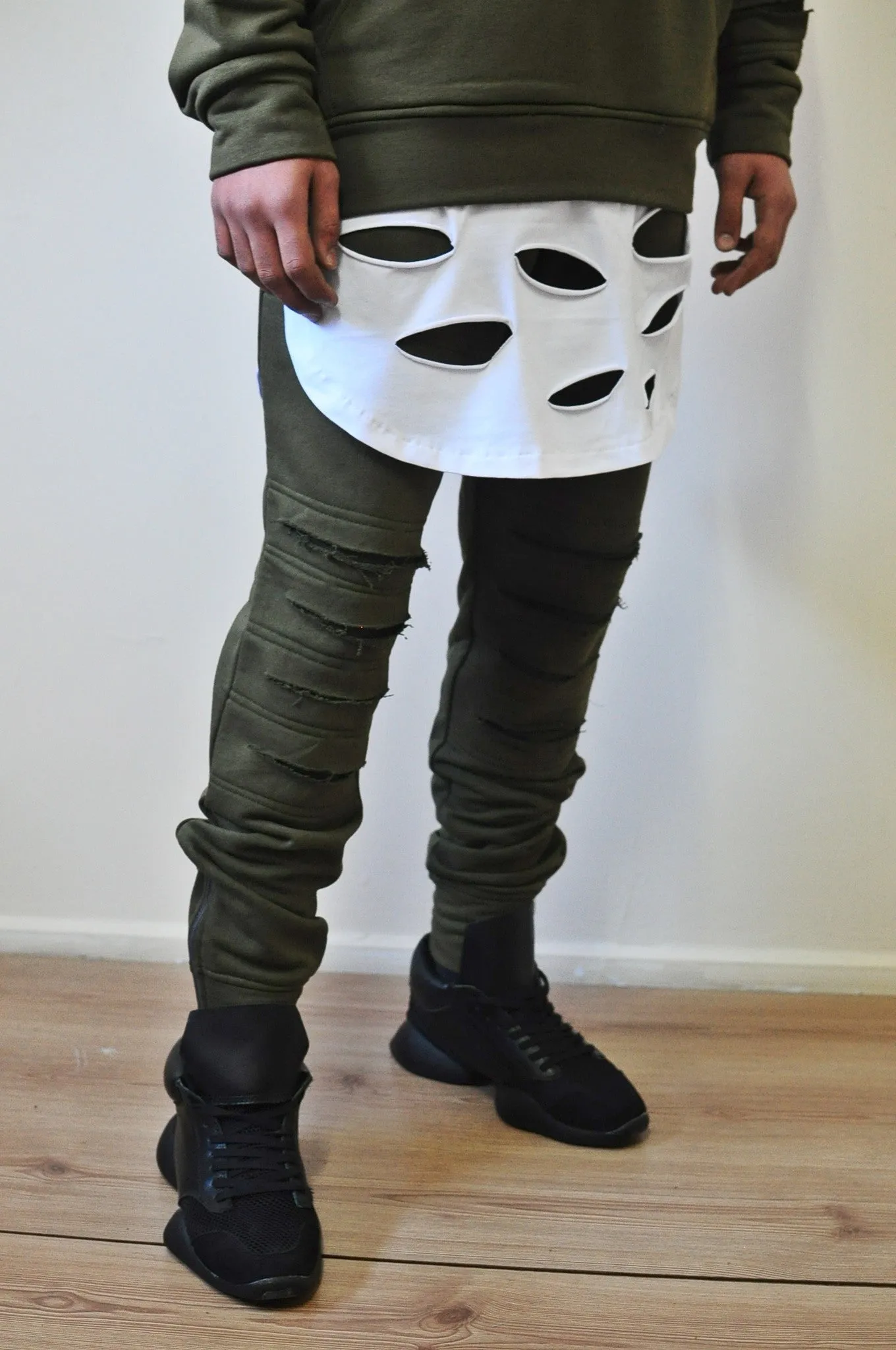 Low Crotch Cotton Distressed Knee Pants for Men Slim-Fit Essential Trouser Jogger-BB221