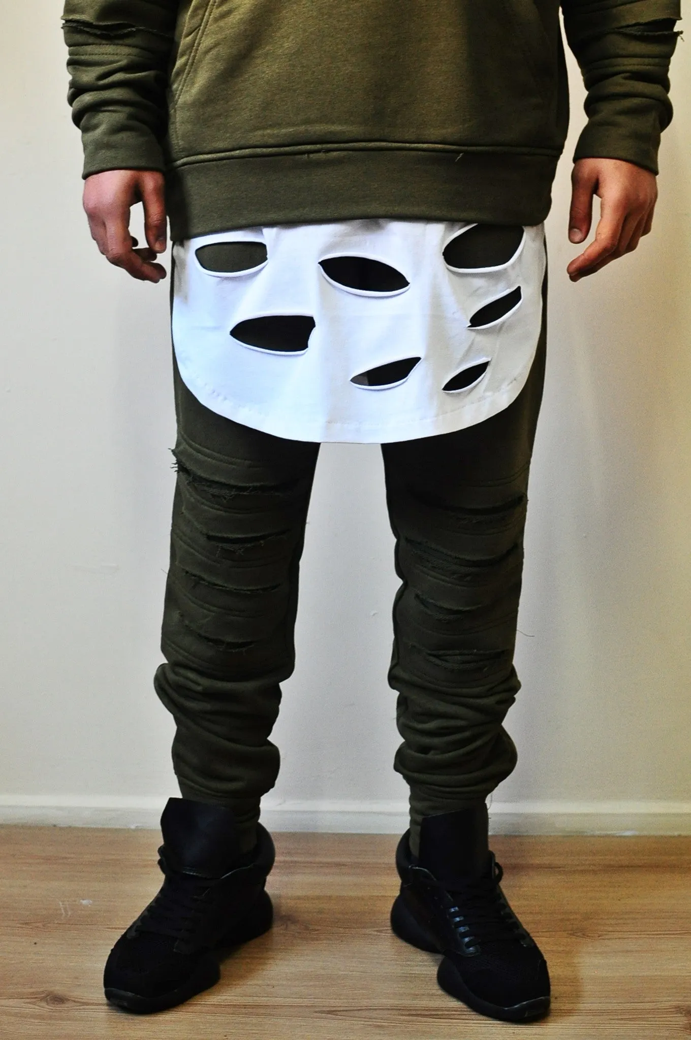 Low Crotch Cotton Distressed Knee Pants for Men Slim-Fit Essential Trouser Jogger-BB221