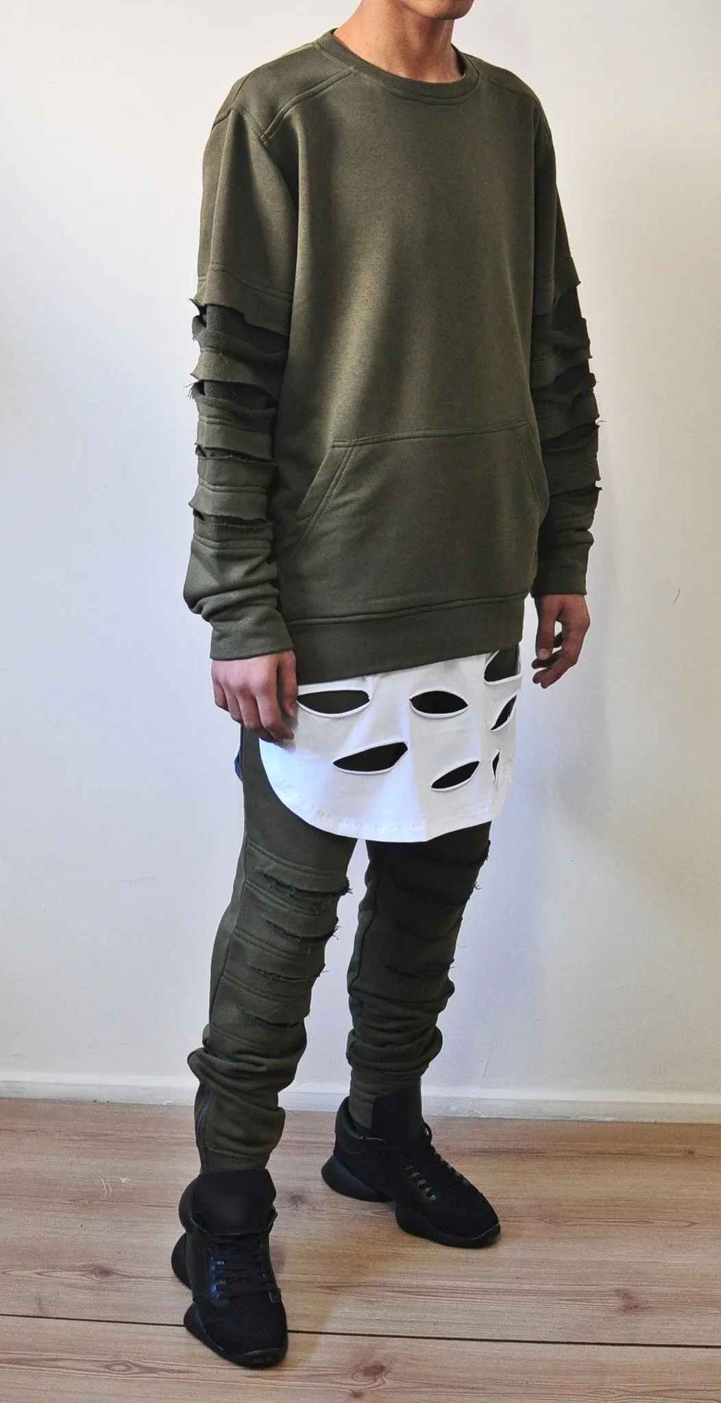 Low Crotch Cotton Distressed Knee Pants for Men Slim-Fit Essential Trouser Jogger-BB221