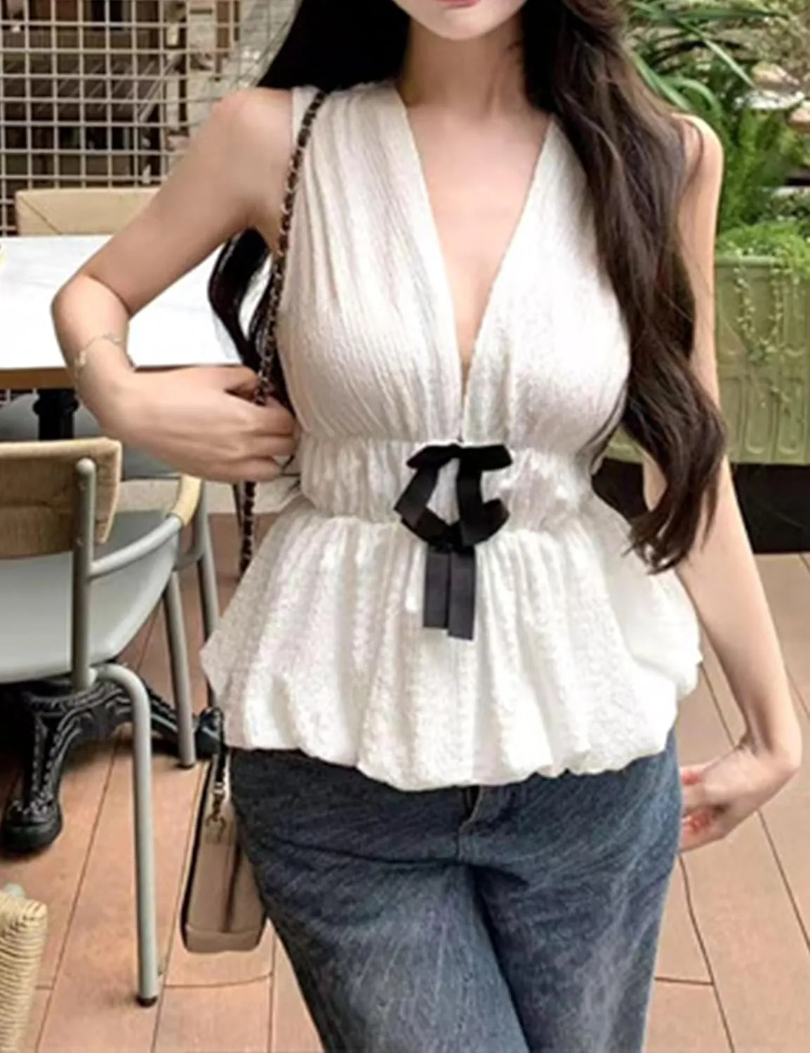 Lumister Womens Vest Top Bow V Neck Sleeveless Blouse Pleated Ruffle Peplum Babydoll Tops Tank Summer Shirt