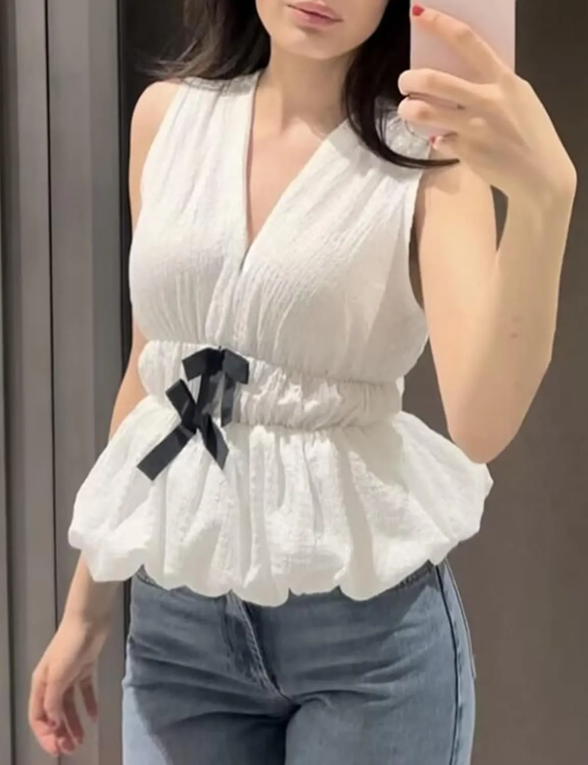 Lumister Womens Vest Top Bow V Neck Sleeveless Blouse Pleated Ruffle Peplum Babydoll Tops Tank Summer Shirt