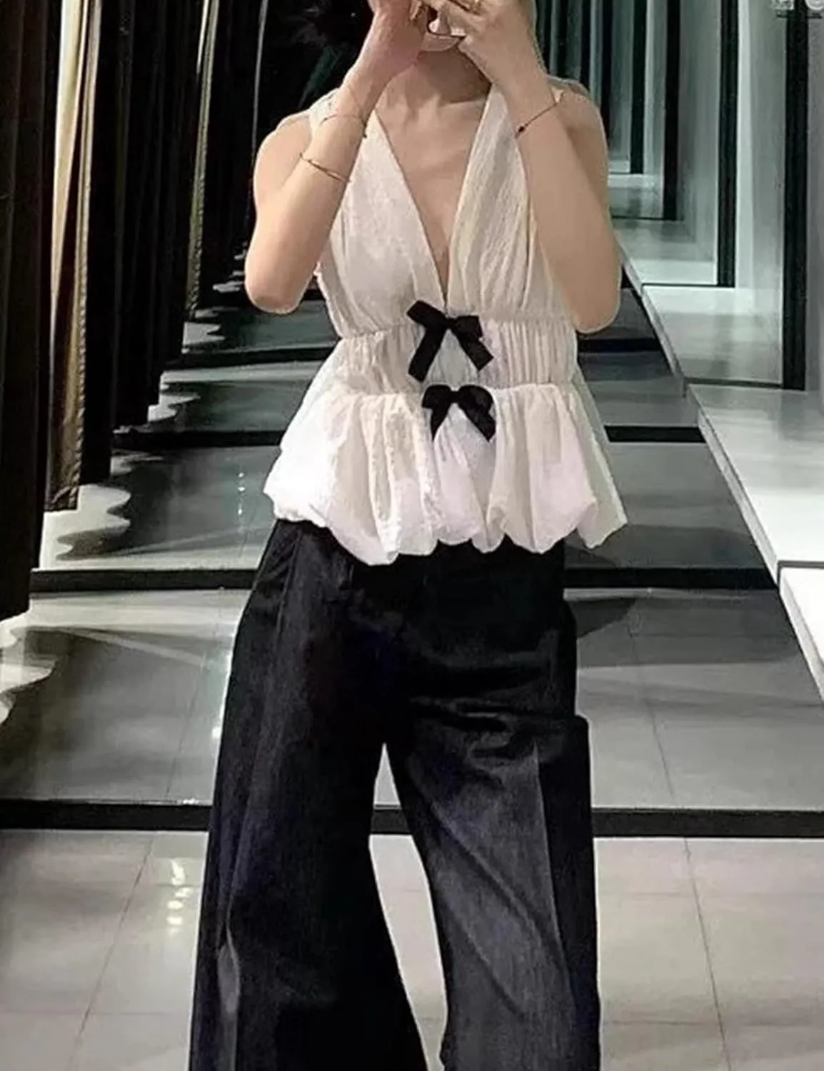 Lumister Womens Vest Top Bow V Neck Sleeveless Blouse Pleated Ruffle Peplum Babydoll Tops Tank Summer Shirt
