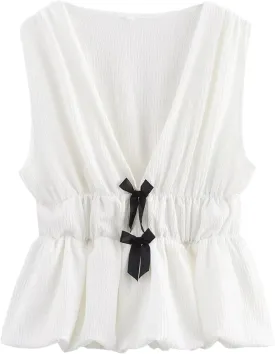 Lumister Womens Vest Top Bow V Neck Sleeveless Blouse Pleated Ruffle Peplum Babydoll Tops Tank Summer Shirt