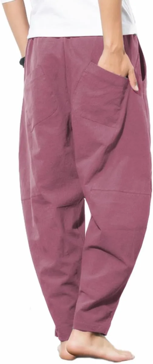 Men's Casual Cotton Linen Pants Elastic Waist Drawstring Beach Summer Lightweight Trousers