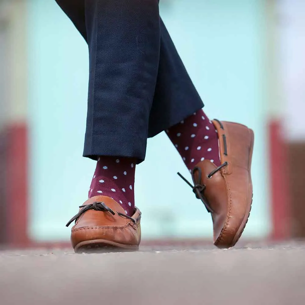PEPER HAROW Pin Polka Dot Men's Luxury Cotton Socks - Burgundy