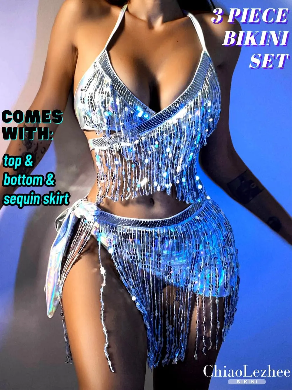 Sparkly Rave Outfits, Sequin Fringe Bikini, Metallic Skirt 3PC Set