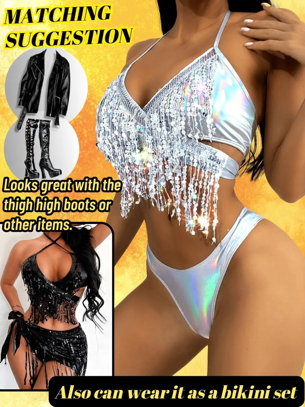 Sparkly Rave Outfits, Sequin Fringe Bikini, Metallic Skirt 3PC Set