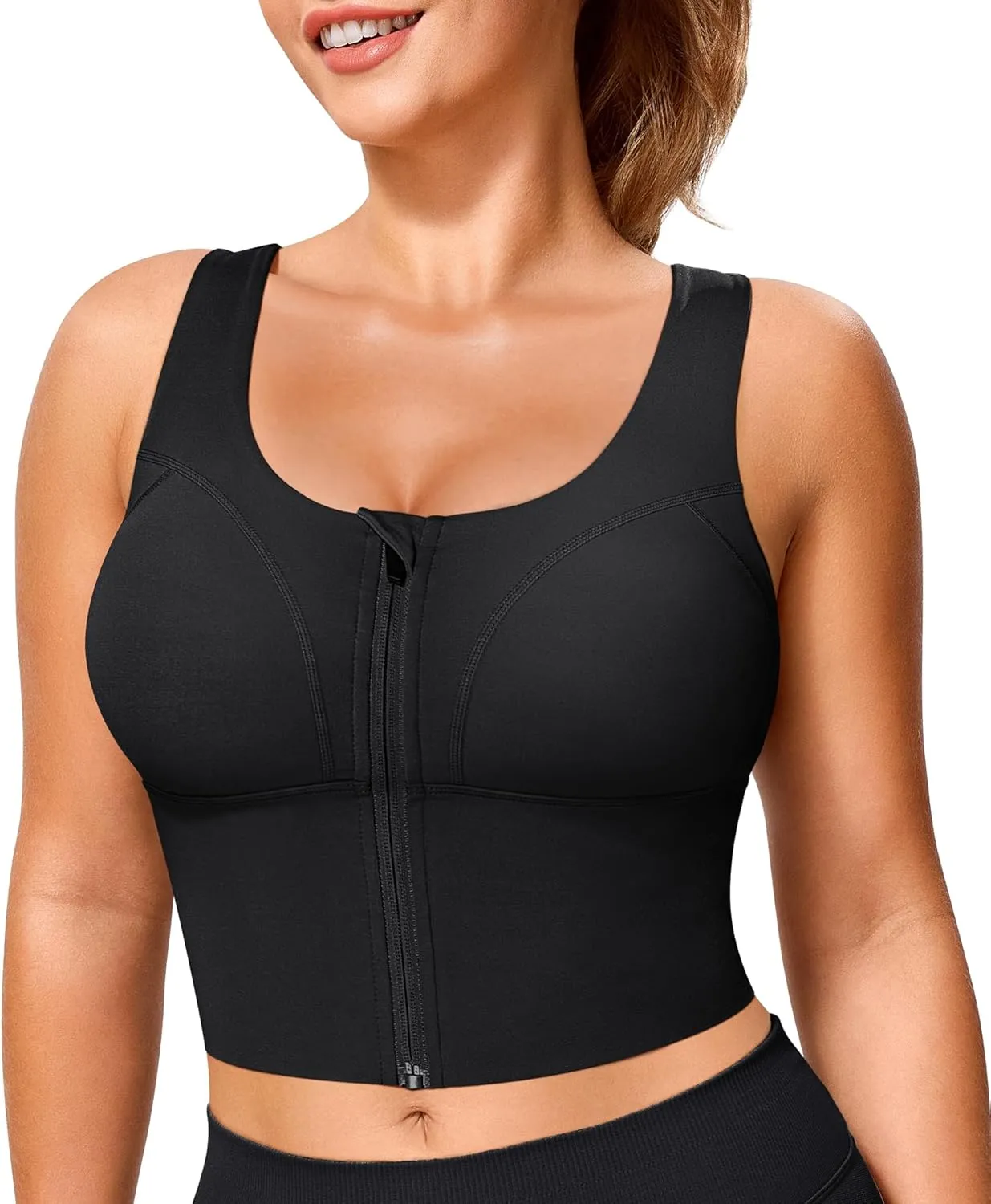 TrainingGirl Zip Front Closure Longline Sports Bras for Women - Workout Crop Tank Tops Yoga Camisole Criss Cross Back