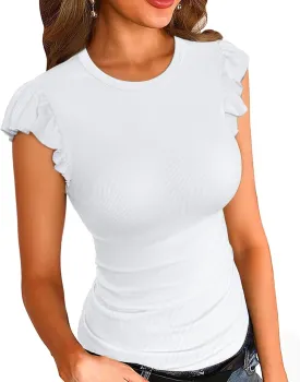 VICHYIE Summer Womens Shirt Short Ruffle Sleeve V Neck/Round Neck Ribbed Casual Tshirt Fitted Tops Blouses