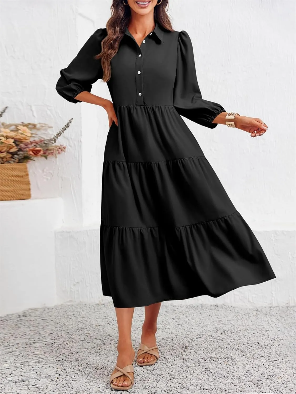 Wenrine Womens Casual 3/4 Sleeve Shirt Dress Button Down V Neck Tiered Collared Flowy Maxi Dress