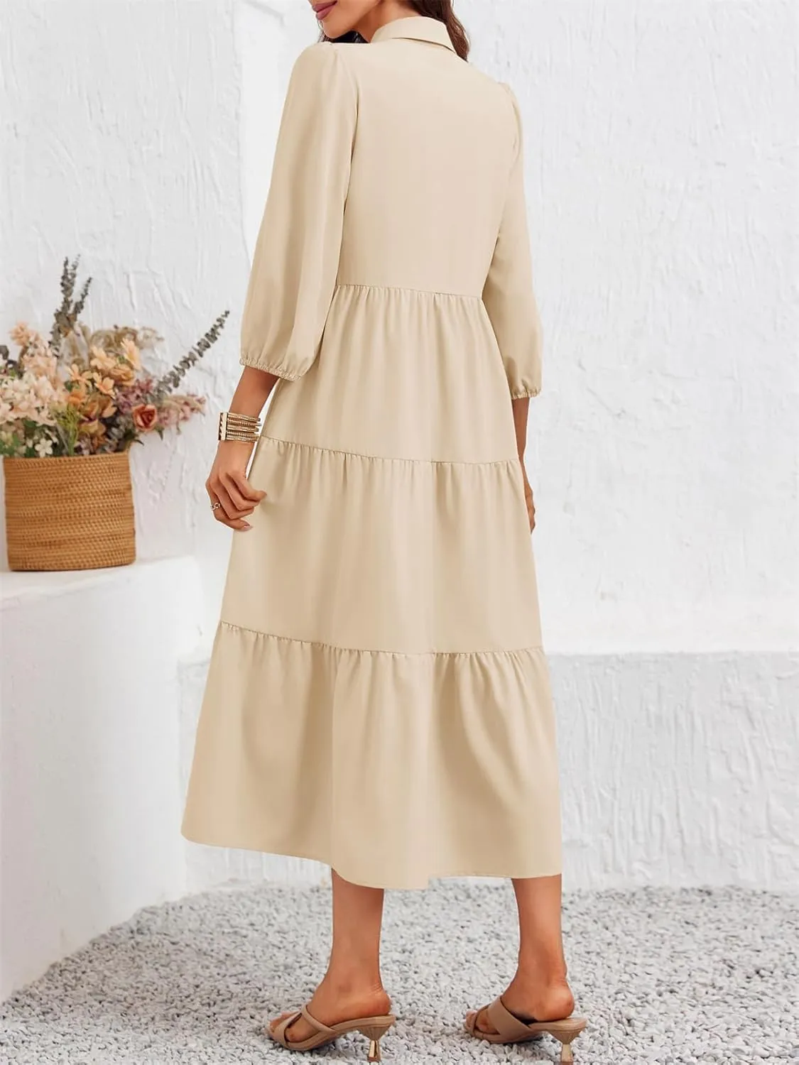 Wenrine Womens Casual 3/4 Sleeve Shirt Dress Button Down V Neck Tiered Collared Flowy Maxi Dress