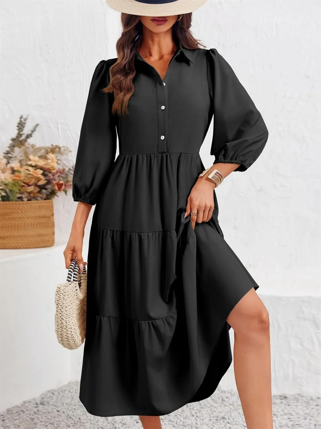 Wenrine Womens Casual 3/4 Sleeve Shirt Dress Button Down V Neck Tiered Collared Flowy Maxi Dress