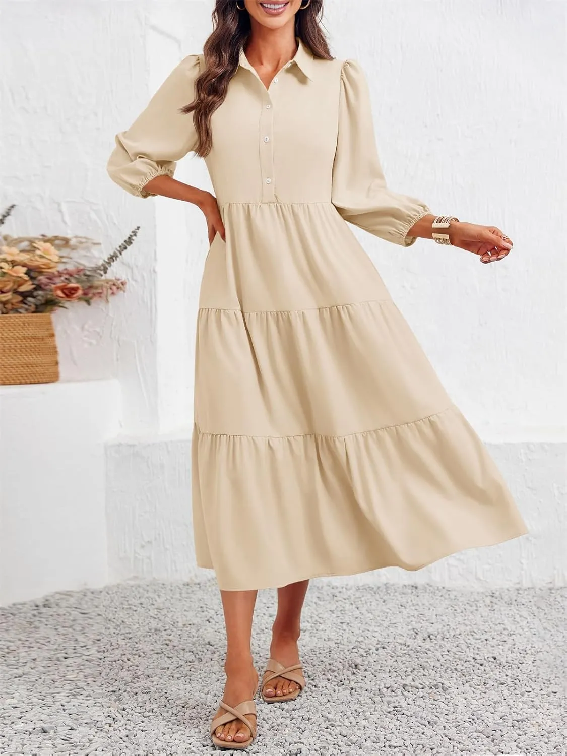 Wenrine Womens Casual 3/4 Sleeve Shirt Dress Button Down V Neck Tiered Collared Flowy Maxi Dress