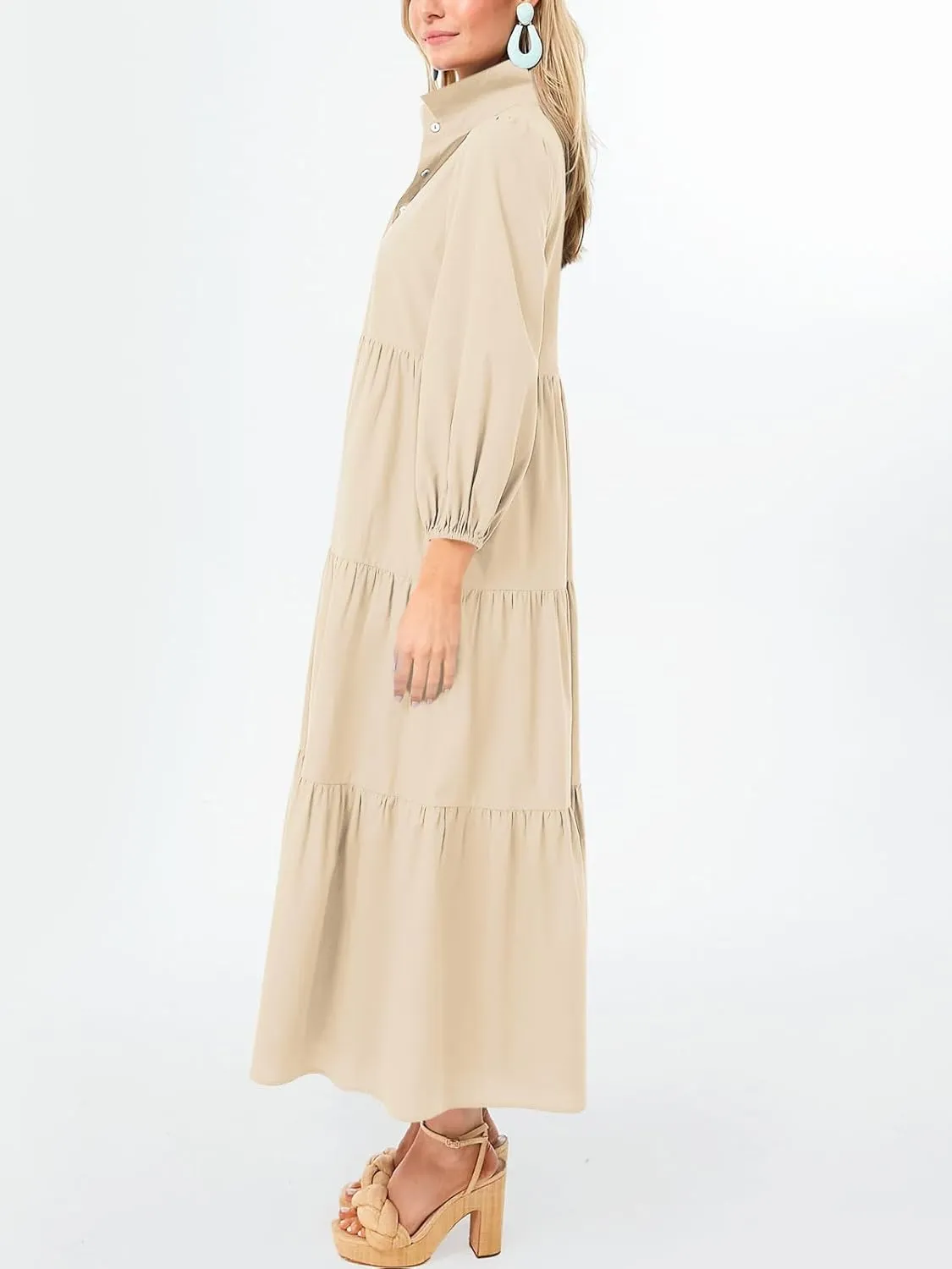 Wenrine Womens Casual 3/4 Sleeve Shirt Dress Button Down V Neck Tiered Collared Flowy Maxi Dress