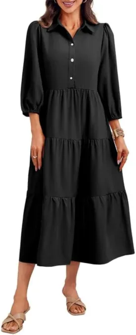 Wenrine Womens Casual 3/4 Sleeve Shirt Dress Button Down V Neck Tiered Collared Flowy Maxi Dress