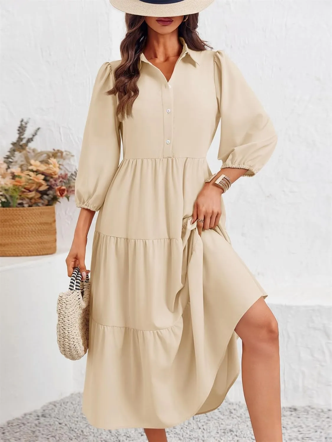 Wenrine Womens Casual 3/4 Sleeve Shirt Dress Button Down V Neck Tiered Collared Flowy Maxi Dress