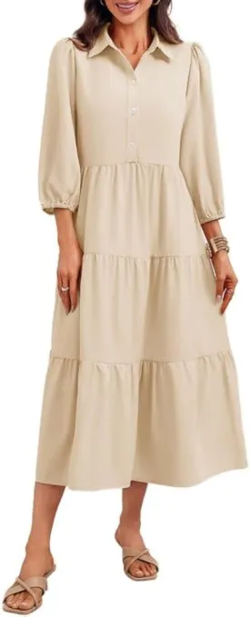 Wenrine Womens Casual 3/4 Sleeve Shirt Dress Button Down V Neck Tiered Collared Flowy Maxi Dress