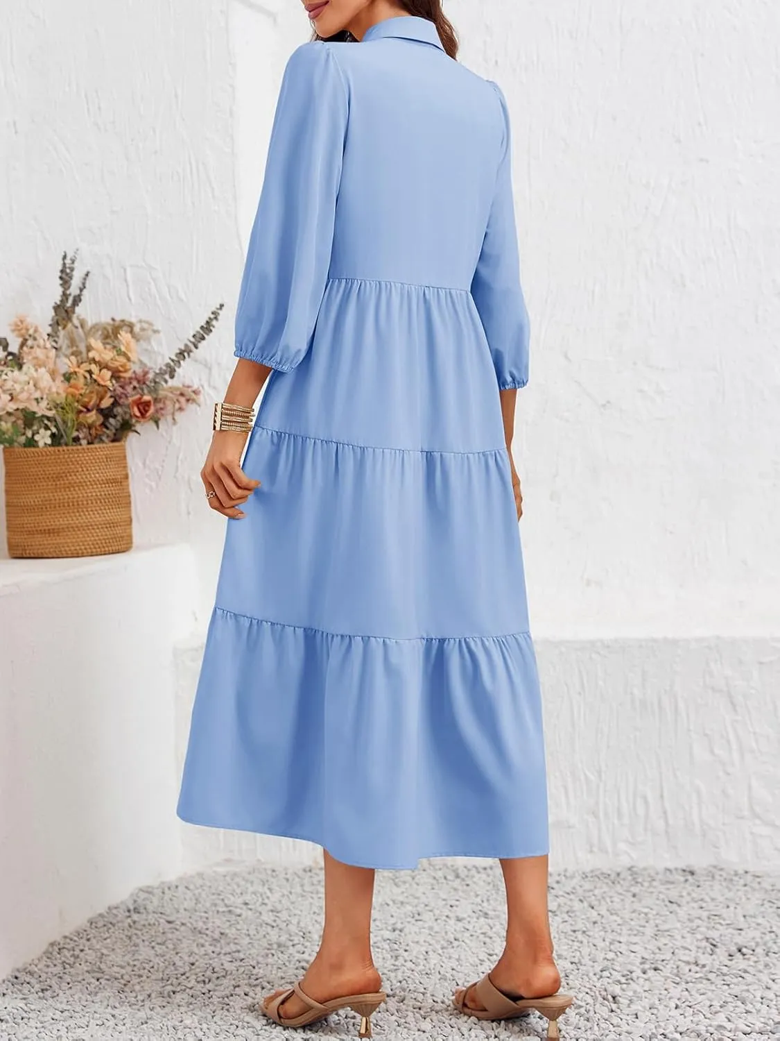 Wenrine Womens Casual 3/4 Sleeve Shirt Dress Button Down V Neck Tiered Collared Flowy Maxi Dress