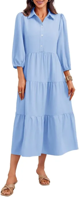 Wenrine Womens Casual 3/4 Sleeve Shirt Dress Button Down V Neck Tiered Collared Flowy Maxi Dress