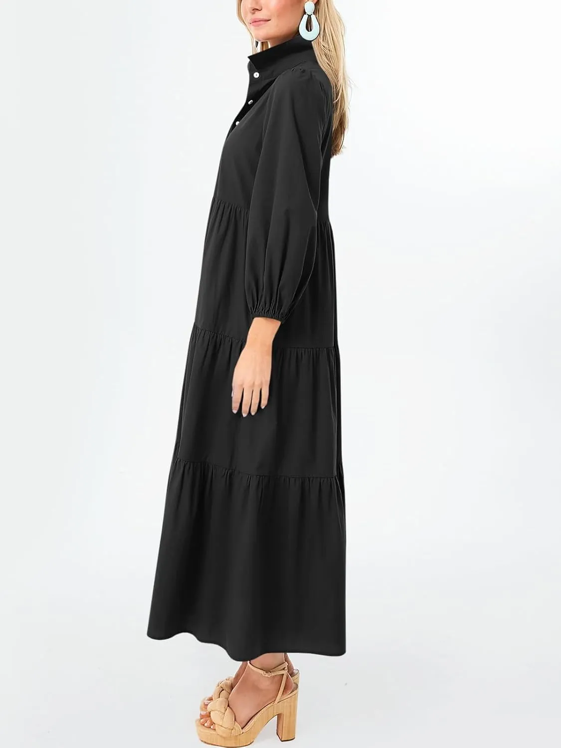 Wenrine Womens Casual 3/4 Sleeve Shirt Dress Button Down V Neck Tiered Collared Flowy Maxi Dress