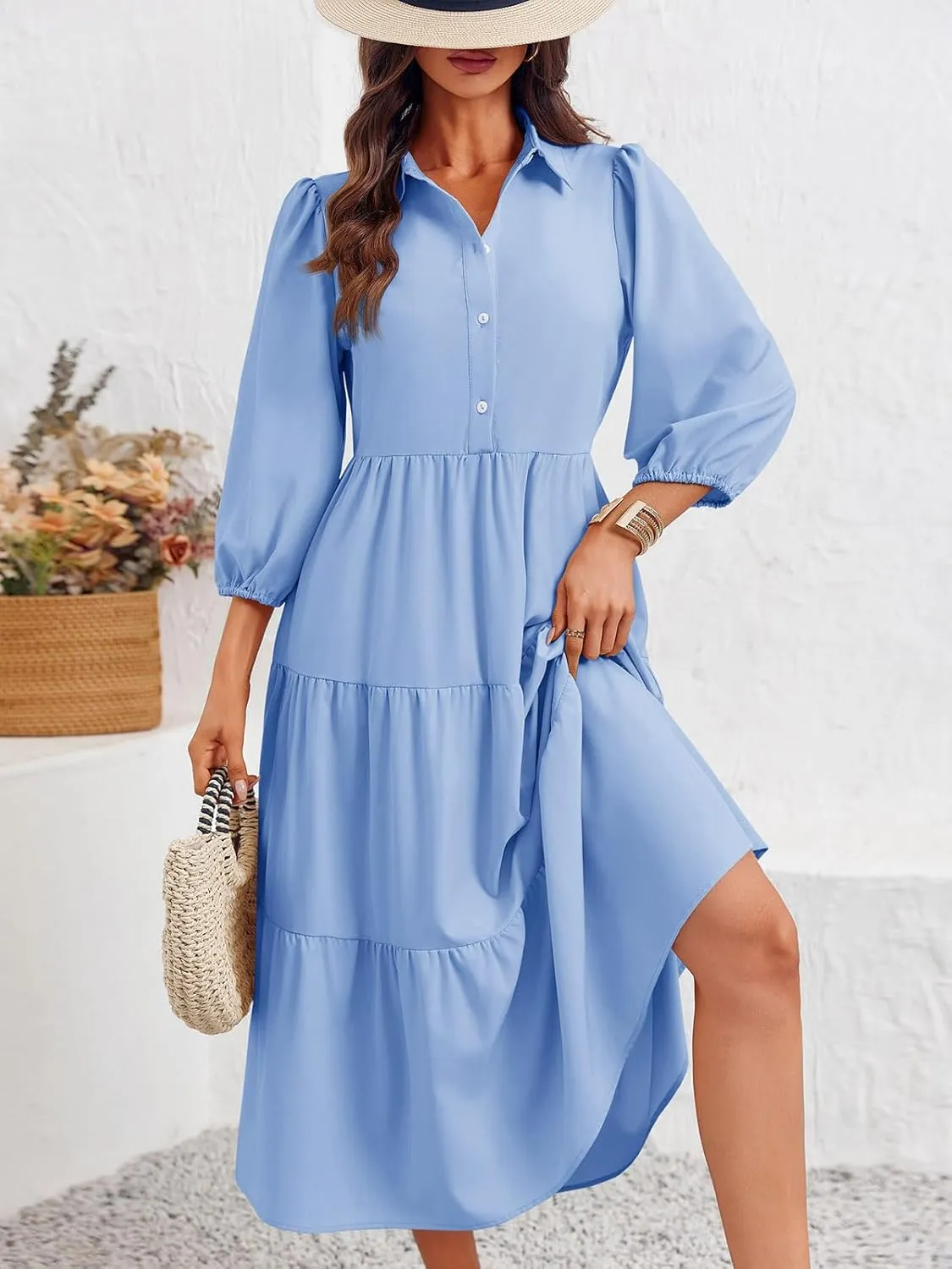 Wenrine Womens Casual 3/4 Sleeve Shirt Dress Button Down V Neck Tiered Collared Flowy Maxi Dress