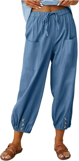 Women Casual Lantern Tapered Harem Pants Solid Loose Fit Style Cotton Linen Capris Pants Elastic Waist Cotton Trouser