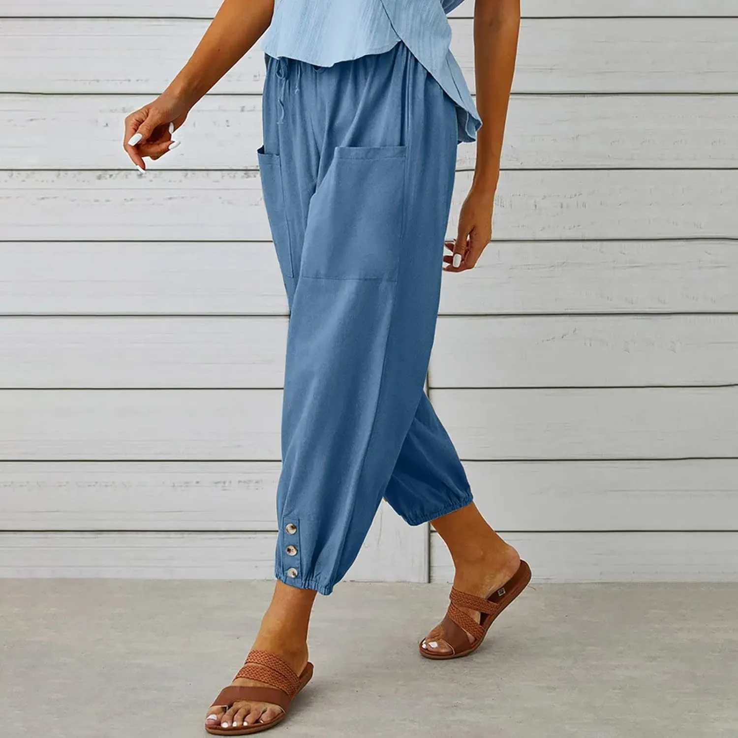Women Casual Lantern Tapered Harem Pants Solid Loose Fit Style Cotton Linen Capris Pants Elastic Waist Cotton Trouser